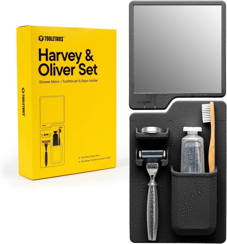 TOOLETRIES Harvey & Oliver Set: Silicone Toothbrush & Razor Holder with Fog-Free Mirror | Charcoal