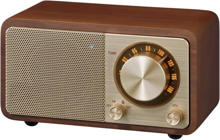 Sangean WR-7GW Gold/Walnut Bluetooth Speaker: Wood Cabinet Mini FM Radio with Aux-in & Premium Sound
