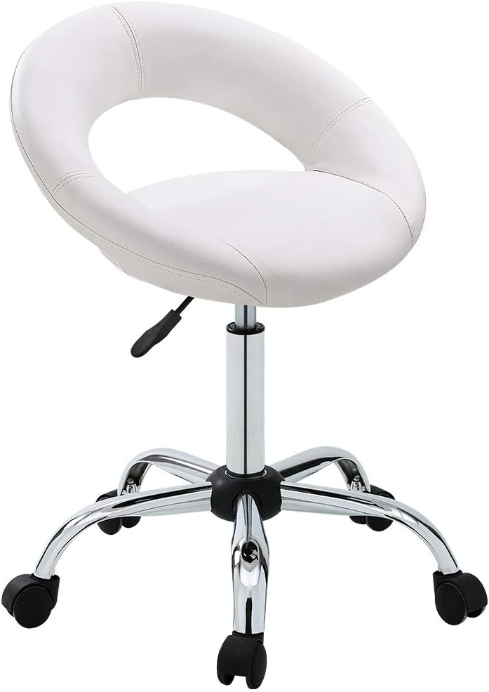 DUHOME Adjustable Swivel Work Stool – White Salon & Office Chair with Backrest, Cushion & Wheels