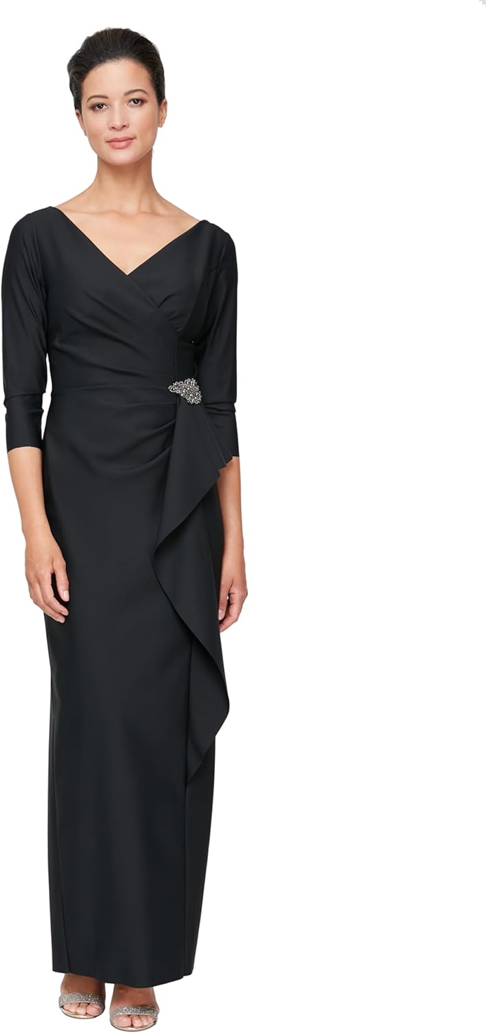 Elegant Mother of the Bride Dress: Slimming ¾ Sleeve Gown with Cascade Ruffle Skirt & Side Ruching | Alex Evenings