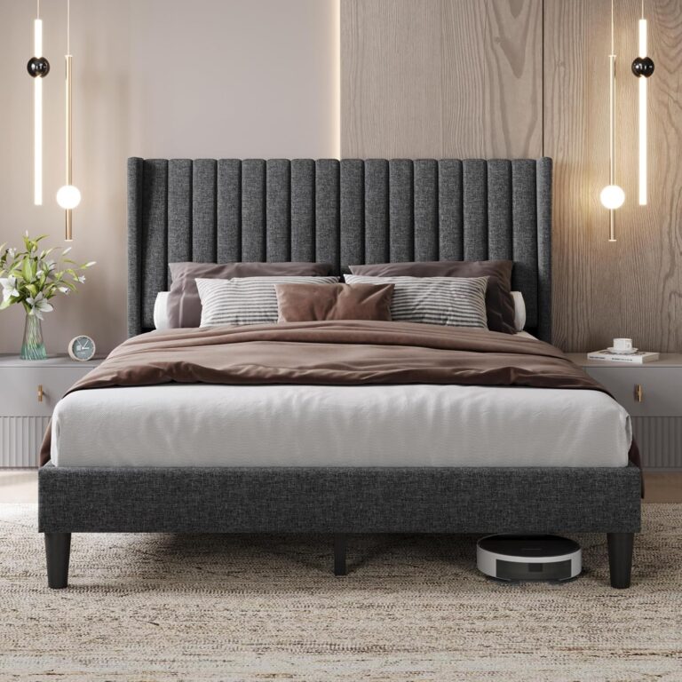 Yaheetech Queen Bed Frame: Upholstered Platform Bed with Fabric Headboard, Wing Edge Design, No Box Spring Needed