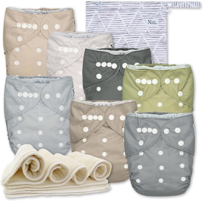 Nora’s Nursery 7-Pack Cloth Diapers with Inserts & Wet Bag | Reusable, Adjustable Pocket Diapers for Newborns & Toddlers