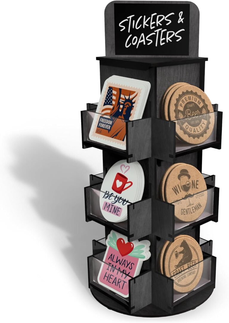 3 Tier Rotating Sticker Display Stand – Black Wooden Countertop Organizer for Retail, Tradeshow & Vendor Coasters