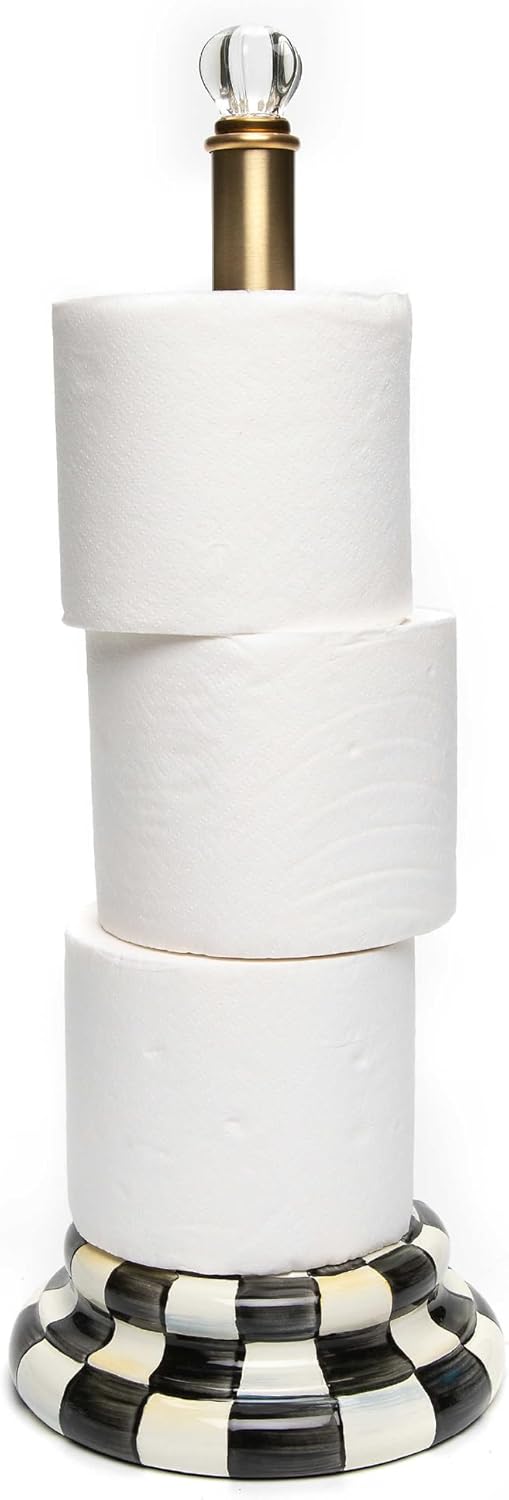 MACKENZIE-CHILDS Enamel Toilet Tissue Storage | Decorative Black-and-White Courtly Check Toilet Paper Holder Stand