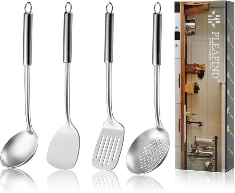 Pleafind 4-Pc Stainless Steel Wok Utensils Set: Ladle, Slotted Spoon, Spatula & Slotted Spatula | Dishwasher Safe