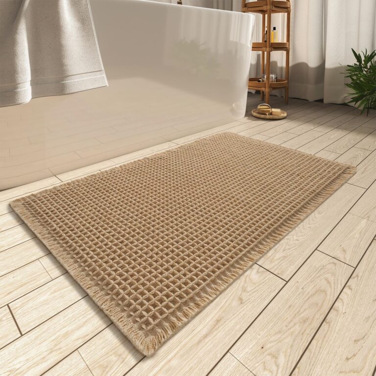 AMOAMI Upgraded Waffle Bath Mat: Super Absorbent, Non-Slip Bathroom Rug with Rubber Backing, 18×30, Brown
