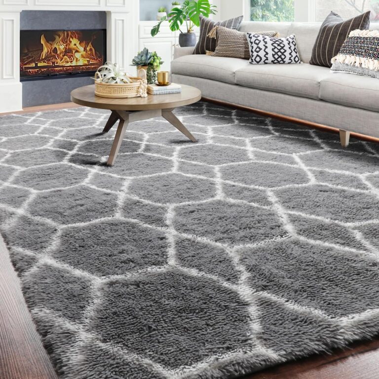 ONASAR Large Area Rugs 7×10 Grey and White, Moroccan Shaggy Plush Rug for Living Room, Soft Fuzzy Bedroom Carpet