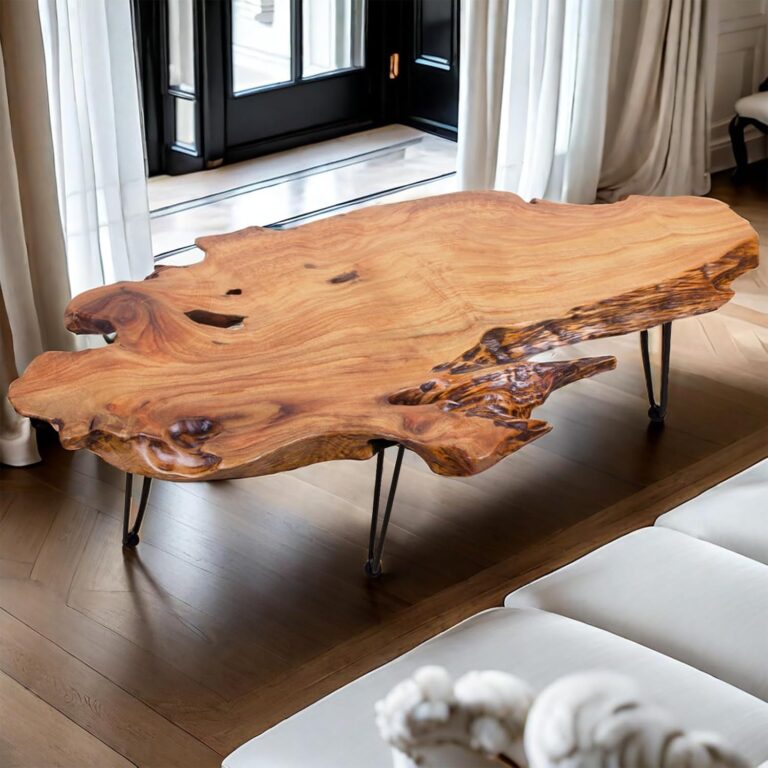 Handcrafted Edge Coffee Table | Natural Wood Organic Shape with Metal Hairpin Legs | Boho Living Room & Side Table Decor