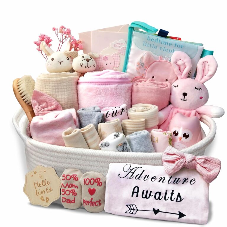 27-Piece Baby Girl Shower Gift Basket Set – Newborn Essentials in Large Pink Gift Basket with Rattle & Swaddle