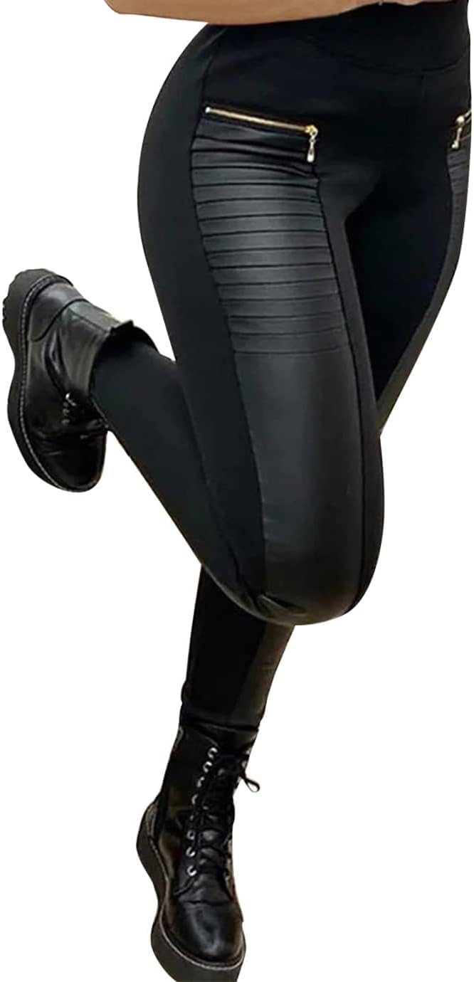 Women’s Faux Leather Leggings | Stretchy Pleather Pants with Elastic Waist & Zip Detail