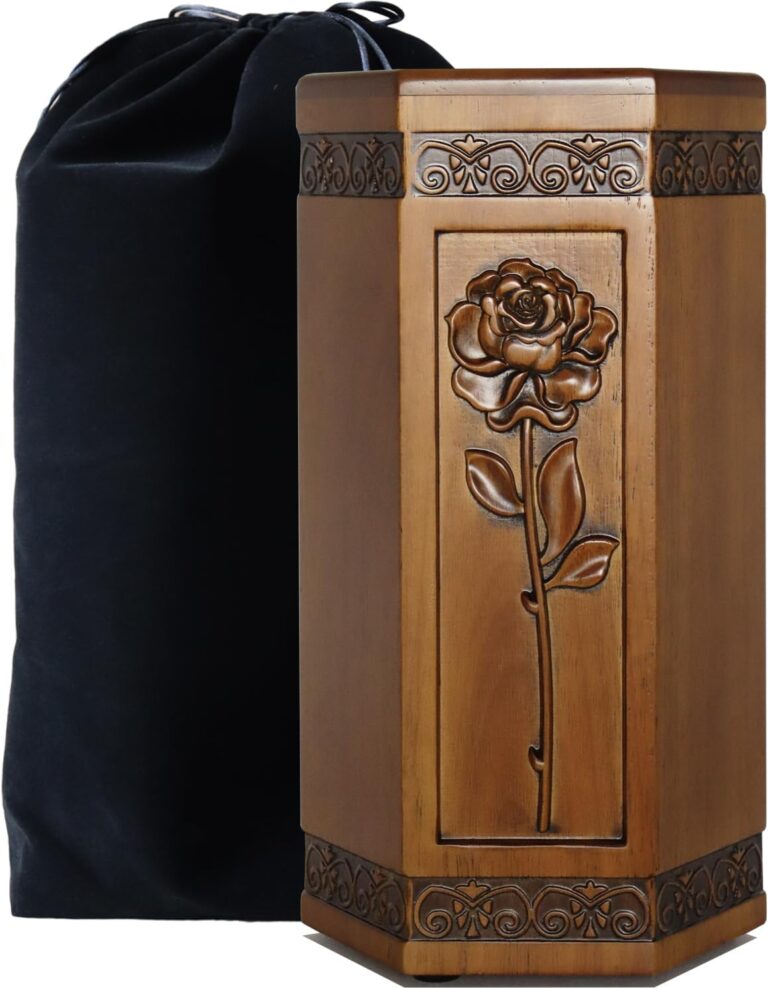 Hand-Engraved Rose Wooden Cremation Urn for Human Ashes – Adult Funeral Urn for Mother or Dad, Home Display or Columbarium Niche