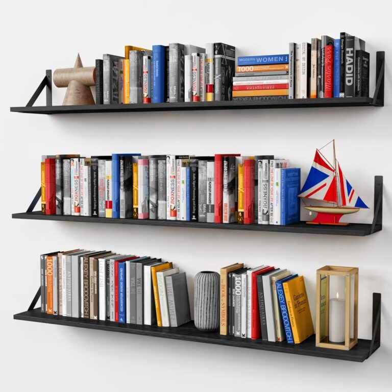 Forbena 48″ Floating Bookshelves Set of 3, Black Wall Mounted Shelves for Living Room, Bedroom, Office, Heavy Duty Wood