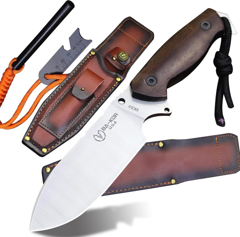 BA-KOR USA 11″ DC53 Steel Hunting Knife with Sheath & Fire Starter – Acidwood Handle Survival & Camping EDC Tool