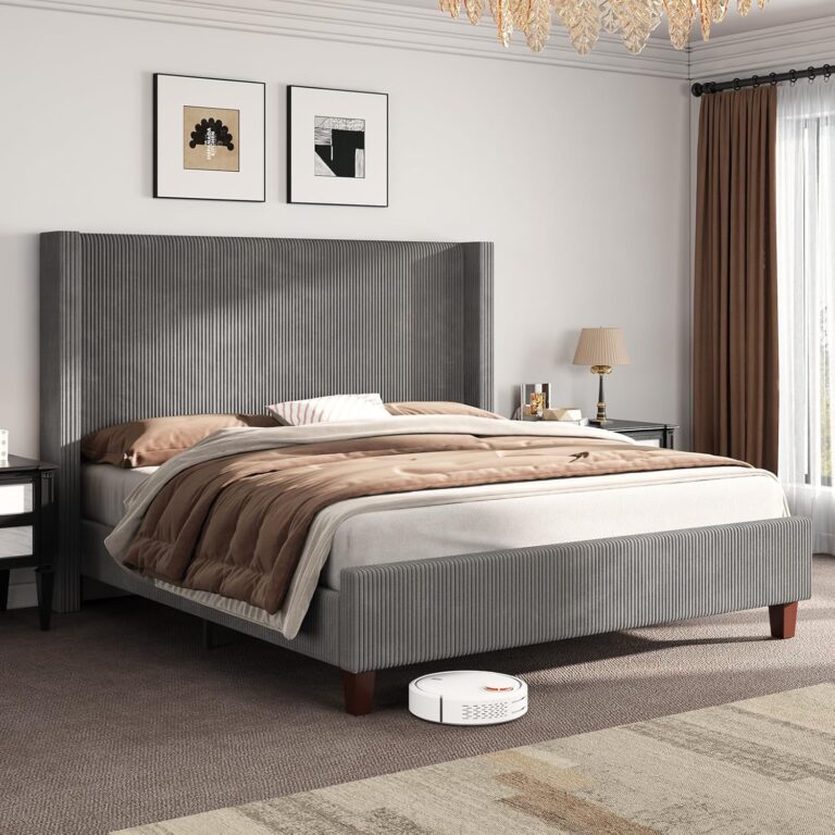 AMERLIFE King Size Upholstered Bed Frame with 50.8″ Tall Headboard | Wingback Platform Bed, No Box Spring Needed