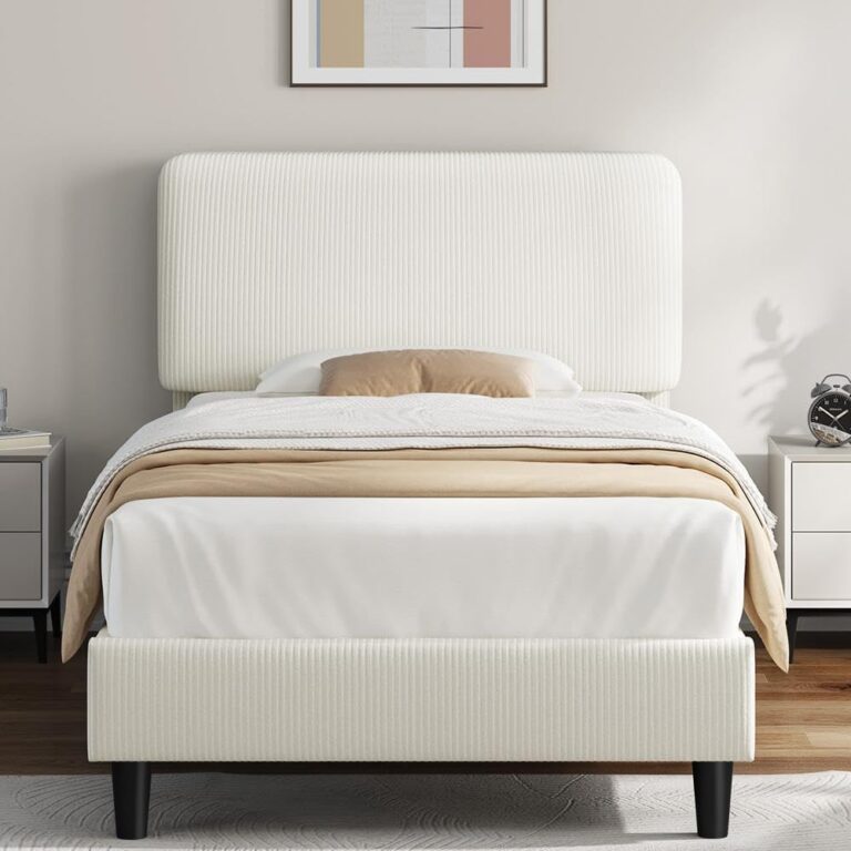 Yaheetech Twin Bed Frame with Adjustable Upholstered Headboard – No Box Spring Needed, Easy Assembly