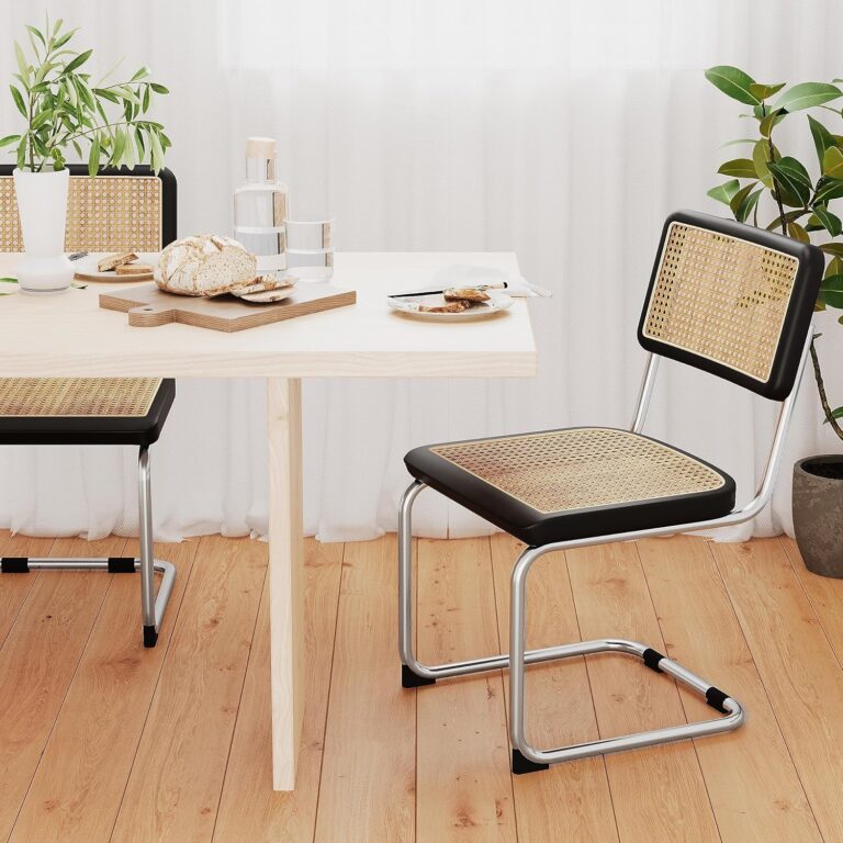 Set of 2 Mid Century Modern Rattan Dining Chairs with Woven Backrest & Upholstered Seat, Black Metal Legs