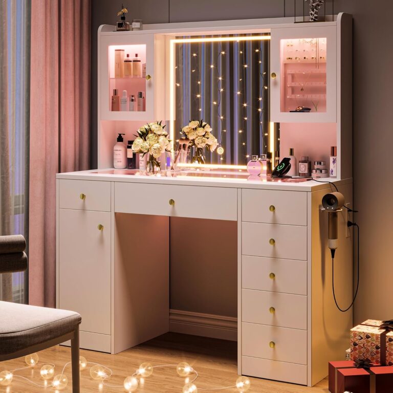 Modern Makeup Vanity Desk with LED Lights & Mirror, Large Glass Top Dressing Table with 7 Drawers, 3 Cabinets & Charging Station