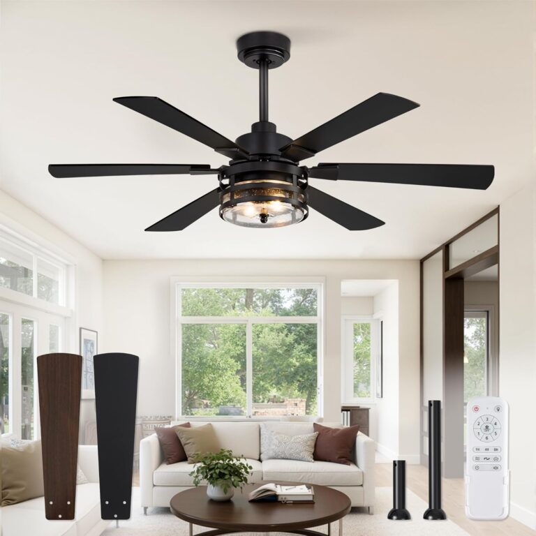 48″ Farmhouse Ceiling Fan with Light & Remote – Industrial Large Ceiling Fan, 6-Speed Reversible DC Motor, Black for Living Room