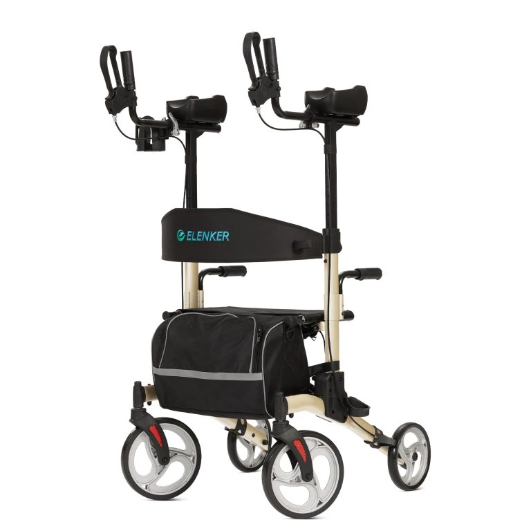 ELENKER Upright Walker: Stand Up Folding Rollator with 10″ Front Wheels, Backrest Seat & Padded Armrests – Champagne Finish for Superior Mob