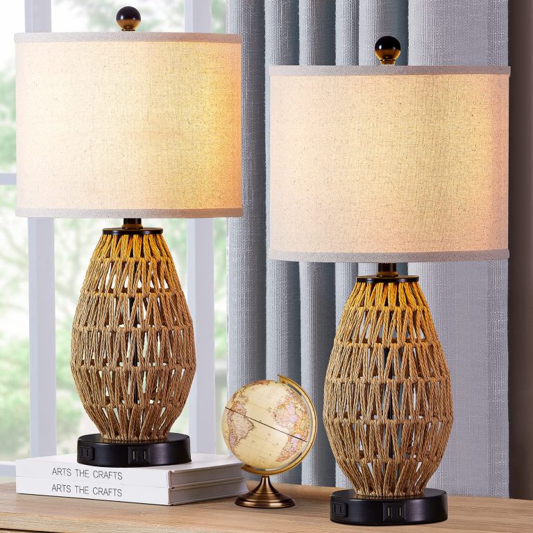 CINSARY Touch Control Rattan Table Lamps Set of 2: 3-Way Dimmable Bedside Lamps with USB Ports and AC Outlet, Wicker Nightstand Lamps for Li