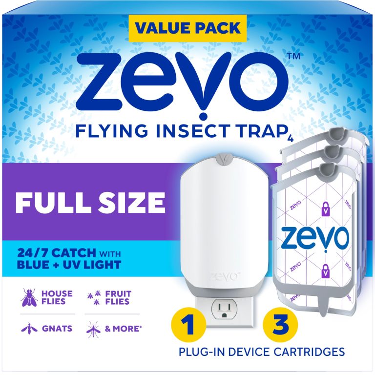 Zevo Flying Insect Trap & 3 Refill Cartridges: Advanced Blue & UV Light Technology for Indoor Gnats, House & Fruit Flies – Mess-Free Plug-In