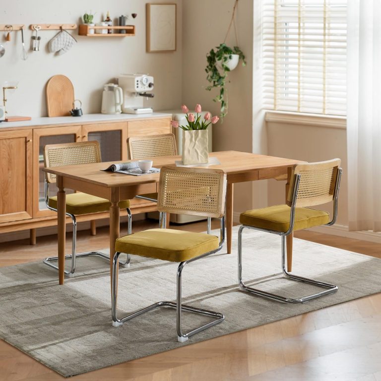 SOARMOTE Rattan Dining Chairs Set of 4: Upholstered Mid-Century Modern Dining Chairs with Cane Backrest, Velvet Seat, and Stainless Chrome B