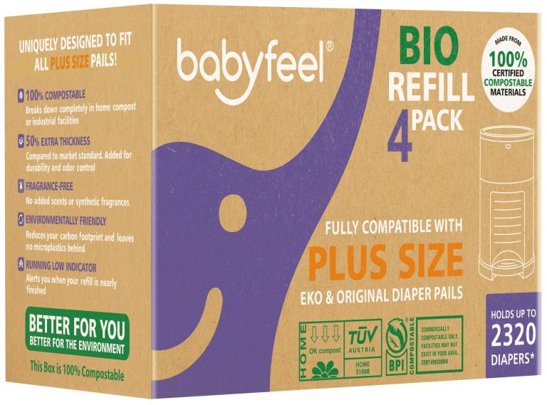 Babyfeel BIO Compostable Refills for DEKOR PLUS Pails: 100% Compostable, 50% Extra Thickness, Odor Control & Running Low Indicator | 4 Pack