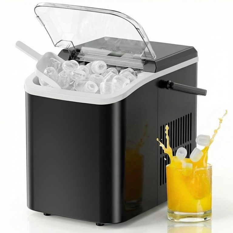 NEWBULIG Countertop Ice Maker with Handle: 26lbs/Day, 9 Bullet Cubes in 6 Mins, Auto-Cleaning, Portable for RV & Camping