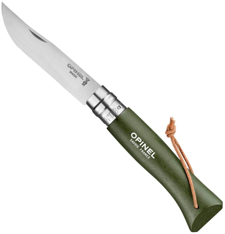 Opinel Colorama No.08 Folding Pocket Knife: A Painted Wood Handle in Green, with Leather Lanyard