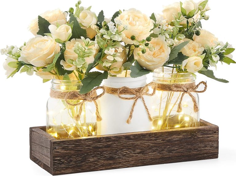 Mkono Mason Jar Lights Centerpiece: A Farmhouse Tray with Vases for Coffee Table or Dining Room